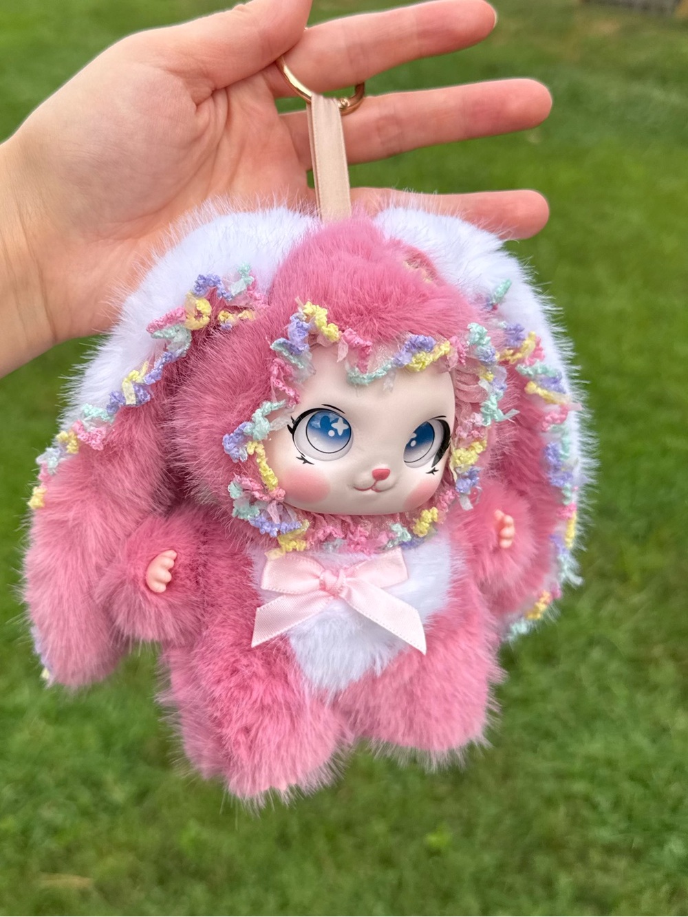 Rose Pink Bunny Plush Keychain Kids Accessory. Birthday gift for back to school